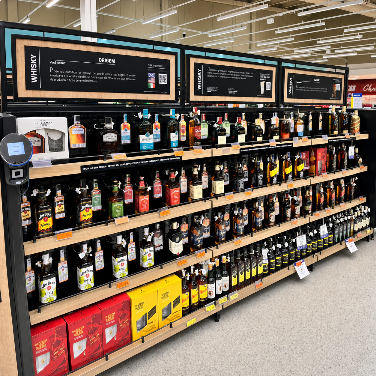 Expositor de bebidas com comunicação visual personalizada em supermercado